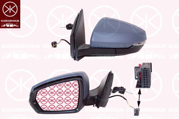 Exterior Mirror, Right, Control: cable pull, w/primer, with indicator, Number of pins: 2, Convex, 2G0857522A (VW), 2G0857538A GRU (VW), 2G1857508 9B9 (VW), 2G1857508D 9B9 (VW), 2G1857508M 9B9 (VW)