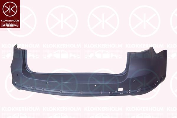 Bumper, with trim strip, with hole(s) for parking distance control, Number of bores: 4, not for trim level: R-LINE, Rear, w/primer, 3AF 807 421C GRU (VW)