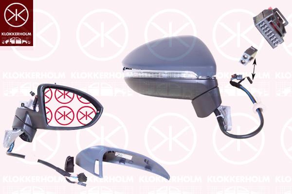 Exterior Mirror, Right, Light Function: with lane change warning light, Number of pins: 13, with memory, Number of pins: 2, Electronically foldable, with indicator, with reading light, Outer/Inner Mirror: Heated, Aspherical, w/primer, 5G0 949 102 (VW), 510 857 522 (VW), 510 857 538 A GRU (VW), 5TB 857 508B (VW), 5TB 857 508B 9B9 (VW)