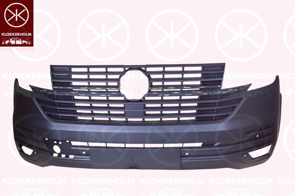 Bumper, Front, for vehicles with parking distance control, Number of bores: 4, with integrated grille, black, 7LA807217A9B9 (VW)