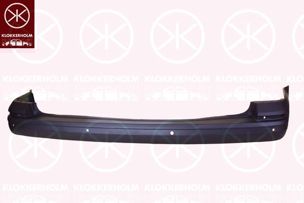 Bumper, for vehicles with tailboard, for vehicles with blind spot assistant, Rear, black, with hole(s) for parking distance control, 7LA807417H9B9 (VW)