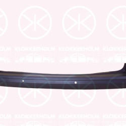 Bumper, for vehicles with tailboard, for vehicles with blind spot assistant, Rear, black, with hole(s) for parking distance control, 7LA807417H9B9 (VW)