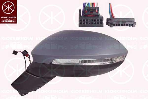 Exterior Mirror, Left, for vehicles with lane keeping assist, for electric mirror adjustment, Electronically foldable, Number of pins: 9, Number of pins: 3, with Peripheral Lighting, with indicator (LED), w/primer, Aspherical, Complete Mirror, 5H0857521D (VW), 5H0857537DGRU (VW), 3G0949101A (VW), 10B857507C9B9 (VW), 10B857507L9B9 (VW), 5H1949145A (VW)