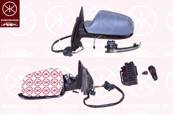 Exterior Mirror, 5-drs, Left, for electric mirror adjustment, with indicator (LED), Number of pins: 8, w/primer, Heatable, Aspherical, 8F0857527GRU (AUDI), 8K0857535F (AUDI), 8K0949101D (AUDI), 8P1858531GB01C (AUDI)