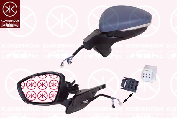 Exterior Mirror, Right, for vehicles with lane keeping assist, Electronically foldable, Number of pins: 6, Number of pins: 6, with indicator, w/primer, Heatable, Convex, 1607512680 (PEUGEOT), 1607513080 (PEUGEOT), 1618096080 (PEUGEOT), 98267127XT (CITROEN)