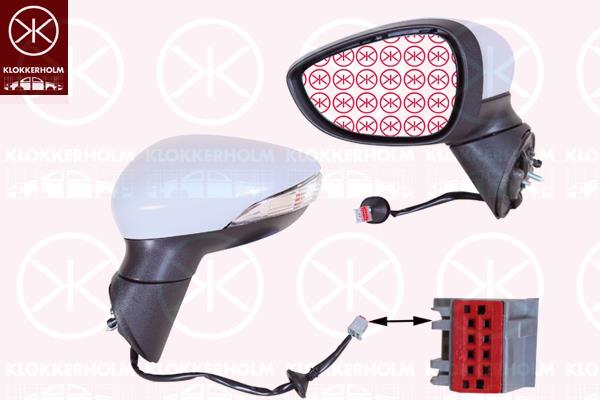 Exterior Mirror, Left, for electric mirror adjustment, with indicator, Heatable, Number of pins: 6, w/primer, Aspherical, 1 796 192 (FORD), 1768011 (FORD), 1796192 (FORD), 1830878 (FORD), 1849384 (FORD), 1863529 (FORD), 1867883 (FORD), 2104833 (FORD)