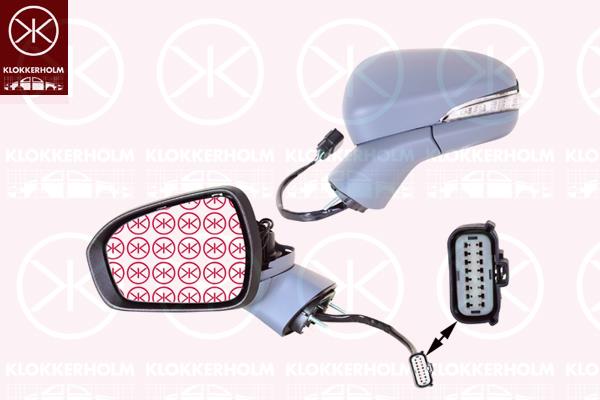 Exterior Mirror, Left, for electric mirror adjustment, Number of pins: 9, Electronically foldable, with reading light, with indicator, Heatable, Aspherical, w/primer, 5 256 463 (FORD), 2 003 242 (FORD), 2121000 (FORD), 2435068 (FORD), 5 323 952 (FORD)