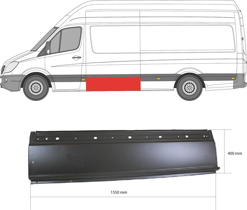 Quarter Panel, Left Front, Height [cm]: 40, Length [cm]: 155, for right-hand traffic, Side Panel, Repair Panel, Lower Section, Axle Distance [mm]: 3665, Axle Distance [mm]: 4325, 9066375009 (MERCEDES), A 906 637 50 09 (MERCEDES), A9066375009 (MERCEDES)