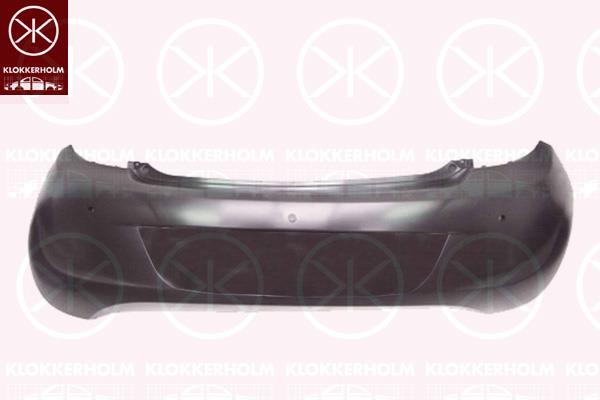 Bumper, with hole(s) for parking assistant system, Rear, black, 14 04 719 (OPEL), 14 04 729 (OPEL), 42346899 (OPEL), 94506863 (OPEL)