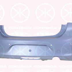 Bumper, w/primer, with hole(s) for parking assistant system, for vehicles with rear view camera system, Rear, Number of bores: 6, 166335721T (OPEL)