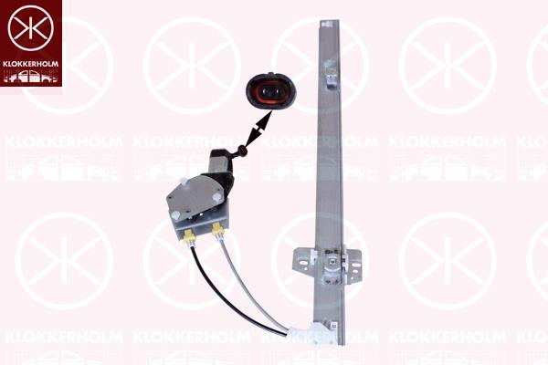 Window Regulator, OE-type, with electric motor, without comfort function, Electric, Right, Number of pins: 2, 0000500314230 (FIAT), 0000504053528 (FIAT), 45 00 493 (OPEL), 4500493 (OPEL), 500314230 (FIAT), 504053528 (IVECO), 504173866 (IVECO), 77 00 352 495 (RENAULT), 7700352495 (NISSAN), 82 00 162 710 (RENAULT), 8200162710 (NISSAN)