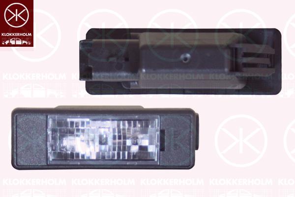 Licence Plate Light, with bulb holder, both sides, 0009688349480 (FIAT), 26510-AU300 (NISSAN), 26511-AU310 (NISSAN), 6340 A5 (DS), 6340 A5 (CITROEN), 6340 G9 (PEUGEOT), 6340 G9 (DS), 6340 G9 (CITROEN), 9688349480 (FIAT), A6398200156 (MERCEDES), A6398200256 (MERCEDES), A9069062100 (MERCEDES)