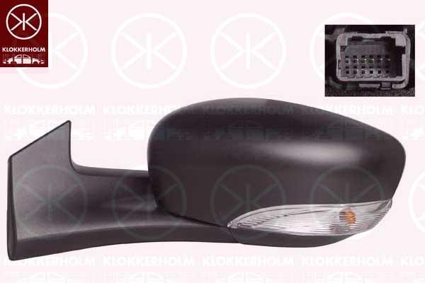 Exterior Mirror, Left, for electric mirror adjustment, with indicator, WY5W, Number of pins: 7, black, Heatable, Aspherical, 26 16 594 50R (RENAULT), 96 30 209 36R (RENAULT), 96 36 699 96R (RENAULT), 96 37 356 17R (RENAULT)