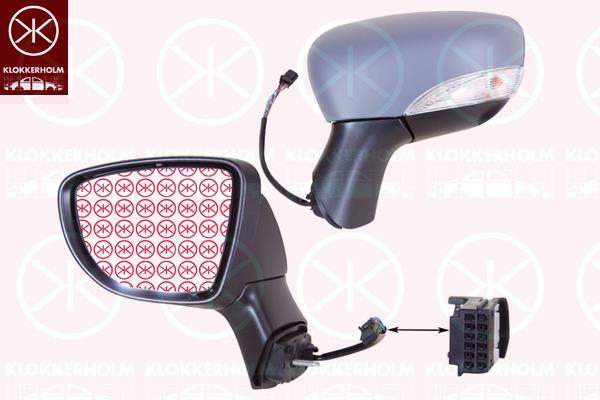 Exterior Mirror, Left, for electric mirror adjustment, Electronically foldable, with indicator, Number of pins: 9, w/primer, Heatable, Aspherical, 26 16 594 50R (RENAULT), 96 36 699 96R (RENAULT), 96 30 291 40R (RENAULT), 96 37 326 31R (RENAULT)