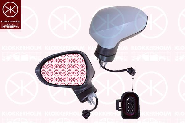 Exterior Mirror, Left, for electric mirror adjustment, Number of pins: 5, Heatable, w/primer, Aspherical, 1P1857507F (SEAT), 1P1857507F9B9 (SEAT), 1P1857507K9B9 (SEAT), 6J0857521H (SEAT), 6J0857537DGRU (SEAT)