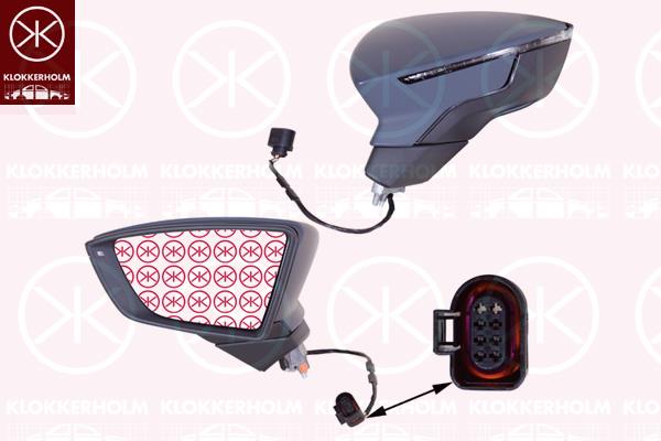 Exterior Mirror, Left, for electric mirror adjustment, Number of pins: 6, Heatable, Convex, w/primer, 5F0857521A (SEAT), 5F0857537BGRU (SEAT), 5F0949101A (SEAT), 5F0949101B (SEAT), 5F1857507D 9B9 (SEAT), 5F1857507N 9B9 (SEAT)