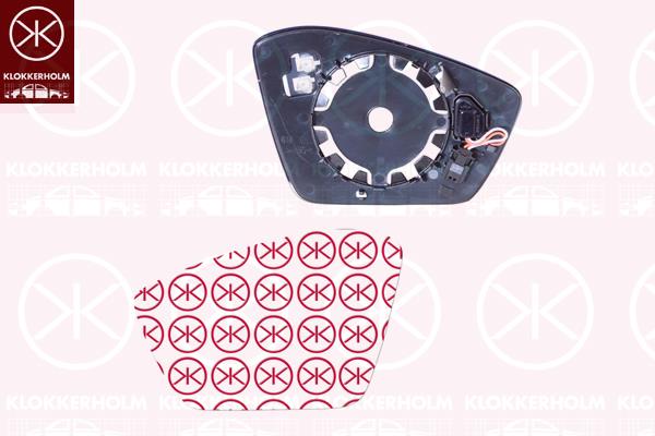 Mirror Glass, exterior mirror, Right, Number of pins: 4, without automatic dimming, for vehicles with blind spot assistant, Heatable, 3V0857522F (SKODA), 3V0857522H (SKODA), 3V0857522K (SKODA)