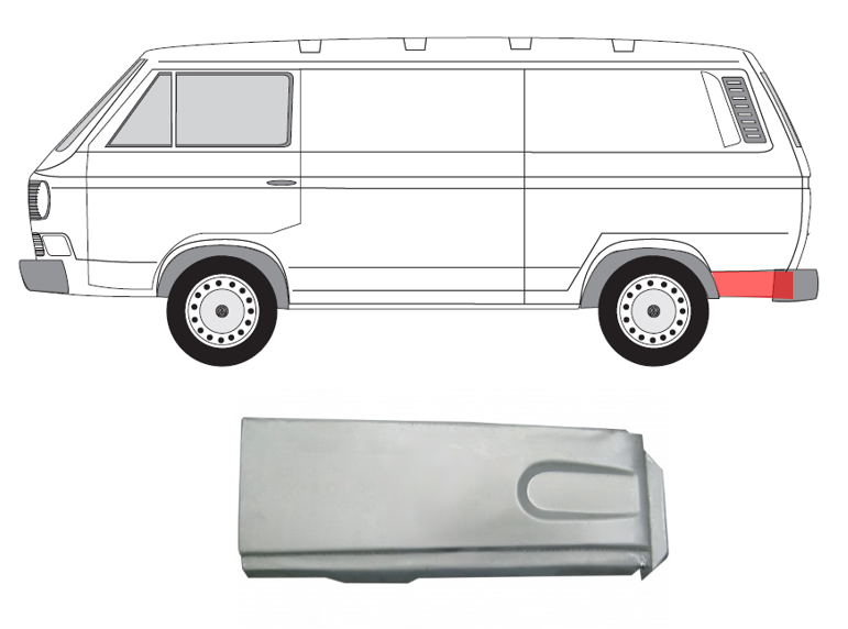 VW T3 (79-) Dalis už galinio rato (kairė), VW Transporter T3 Šono skarda, 251 813 357, 416101, 956583-9, 5870133, VW Transporter T3 Šono skarda, 251 813 357, 416101, 956583-9, 5870133